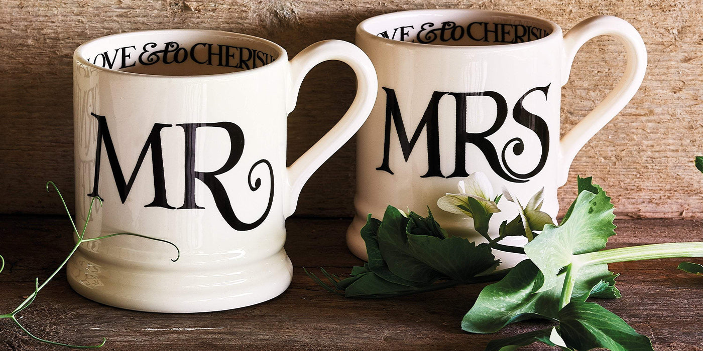 Emma Bridgewater Anniversary Gifts - Mr and Mrs personalised mugs designed with handpainted flowers, a great gift idea for a 9th wedding anniversary which is traditionally celebrated with pottery