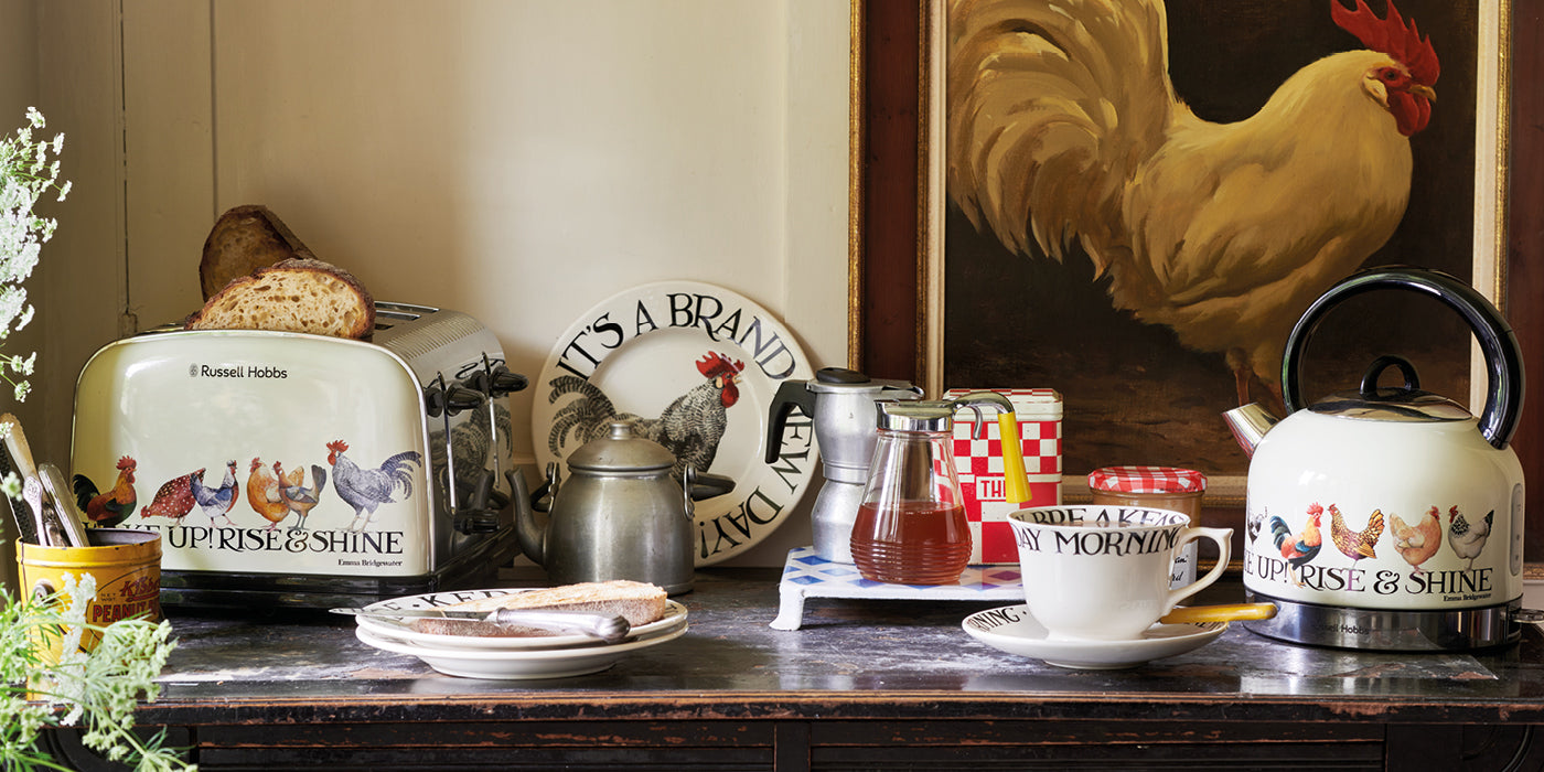 Breakfast ceramics & pottery serveware - 2 piece, white and round ceramic bowls in medium and large sizes with black, vintage style letterings and colourful hens, from Emma Bridgewater Toast Collection,