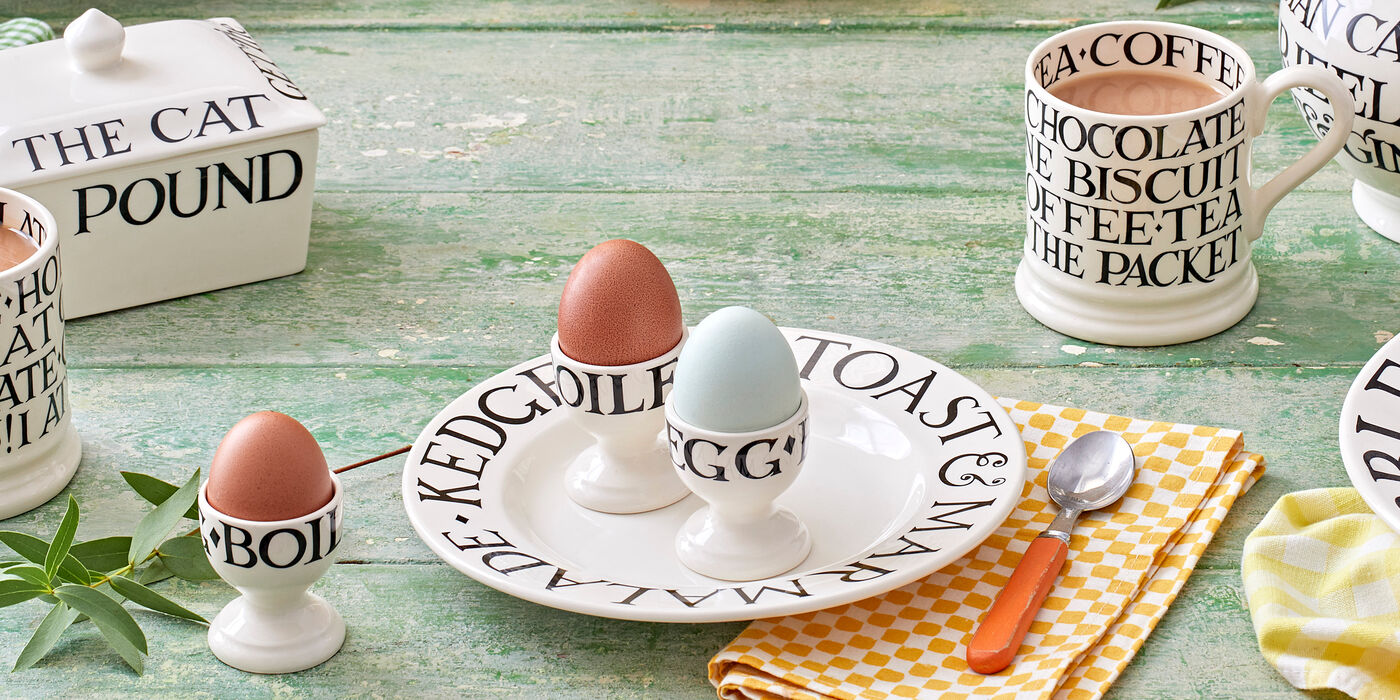 Emma Bridgewater Hen on Nests and Egg Cups - vibrantly decorated breakfast time pottery - store and eats eggs in style.