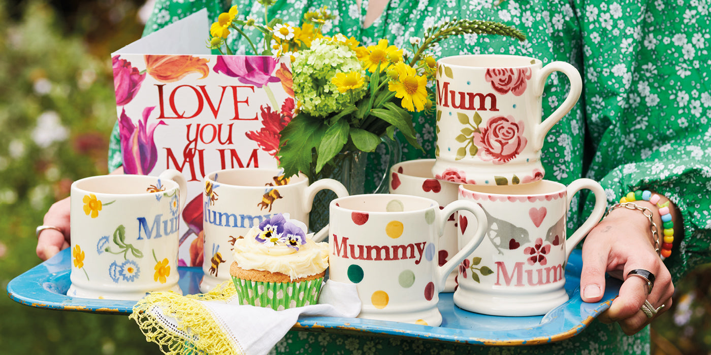 Gift ideas for Mum. Breakfast in bed set by Emma Bridgewater - personalised, decorative ceramic mugs that spells 'MOTHER'S DAY EVERYDAY' and 'Mummy', a ceramic plate & teapot and a wooden, vintage style serving tray.