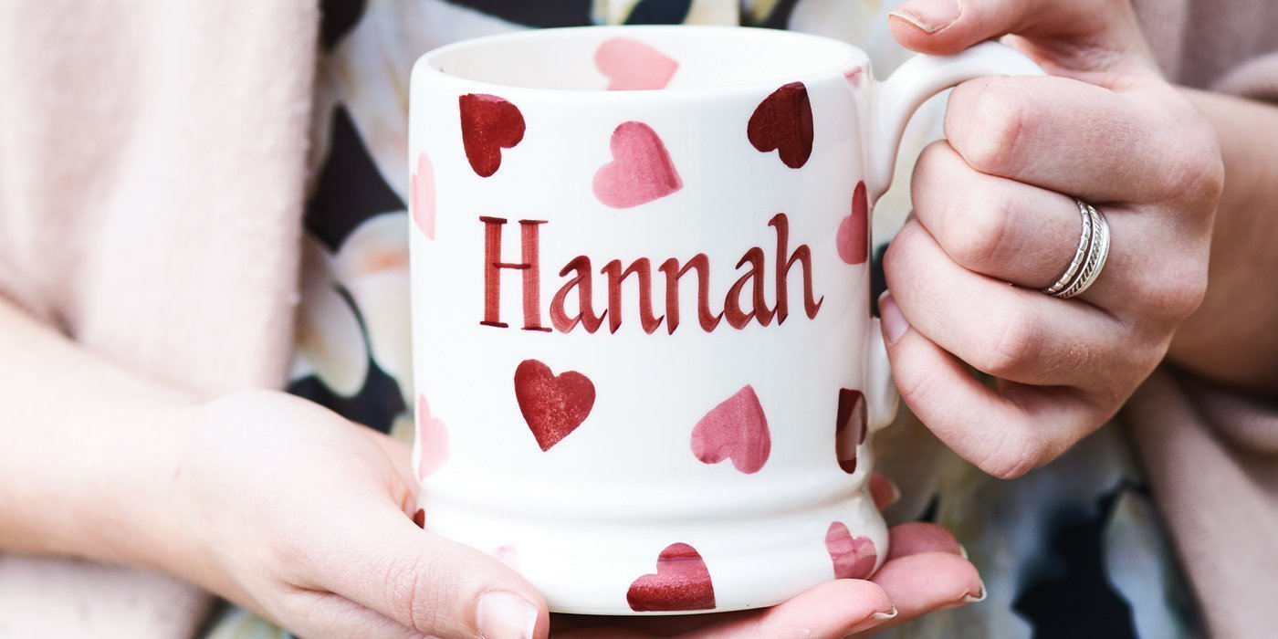 Emma Bridgewater Personalised Pink Hearts mugs and pottery - Handpainted mug with their name surrounded with cute pink hearts for a more personalised and custom gift for her.