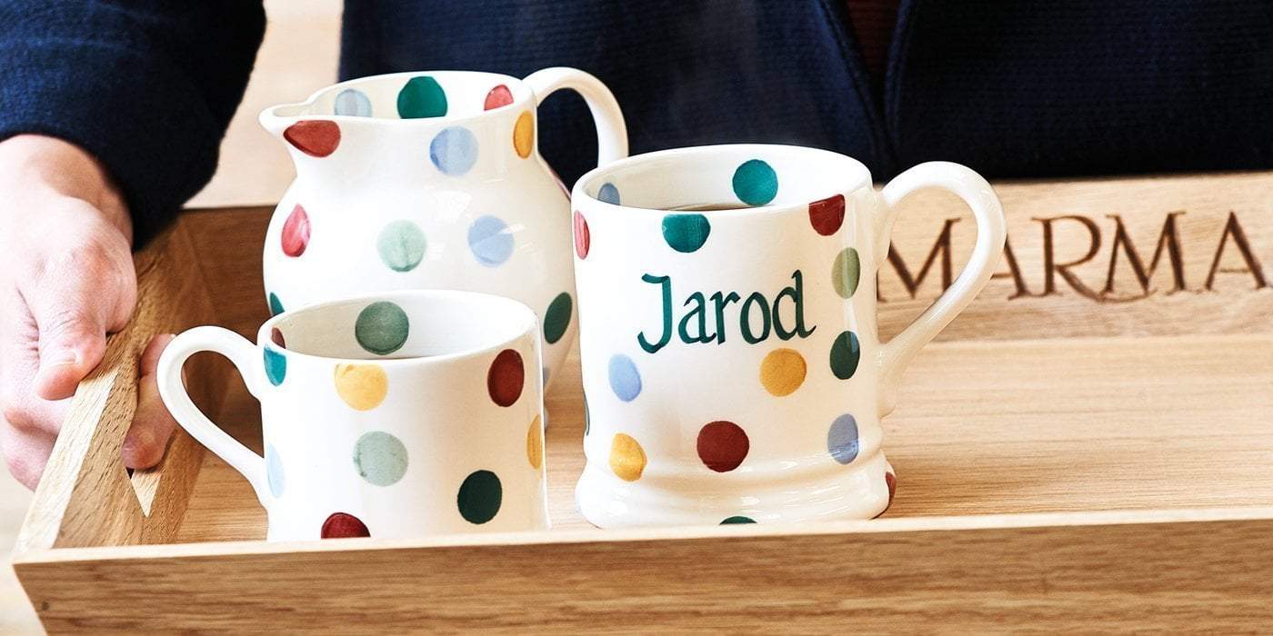 Personalised Polka Dot pottery. Bright, colourful ceramic kitchenware from Emma Bridgewater.