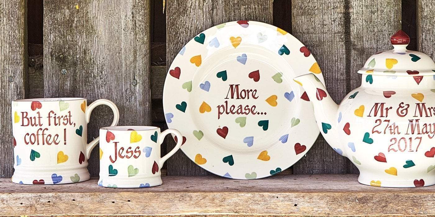 Emma Bridgewater Personalised Polka Hearts plates, mugs, and teapots designed colourfully with a hand-painted message, the perfect present for friends, family and children. What will your custom message be?