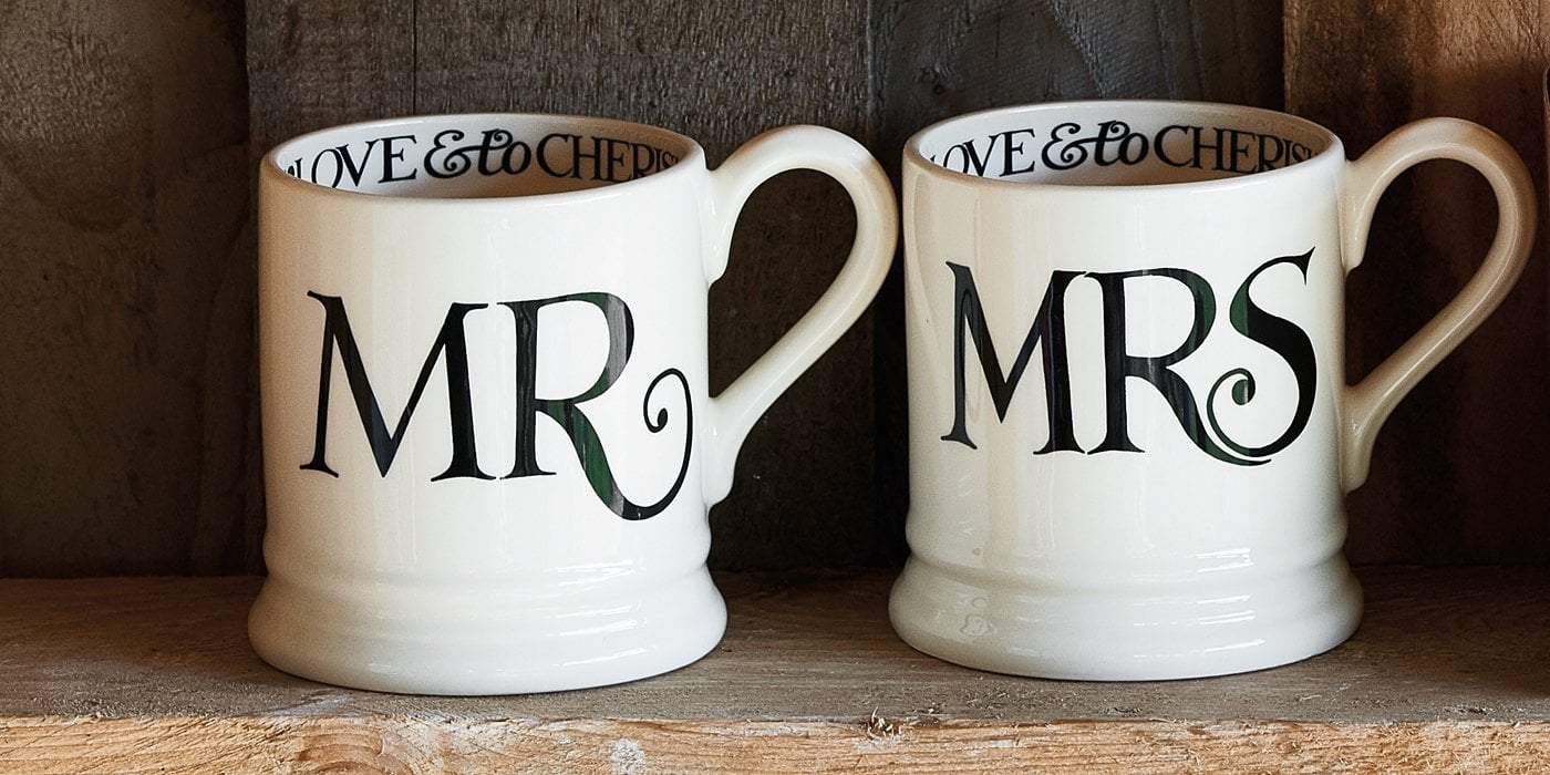 A set of matching ceramic Mr & Mrs Mugs by Emma Bridgewater with big, black lettering - makes a perfect wedding gift for couples.