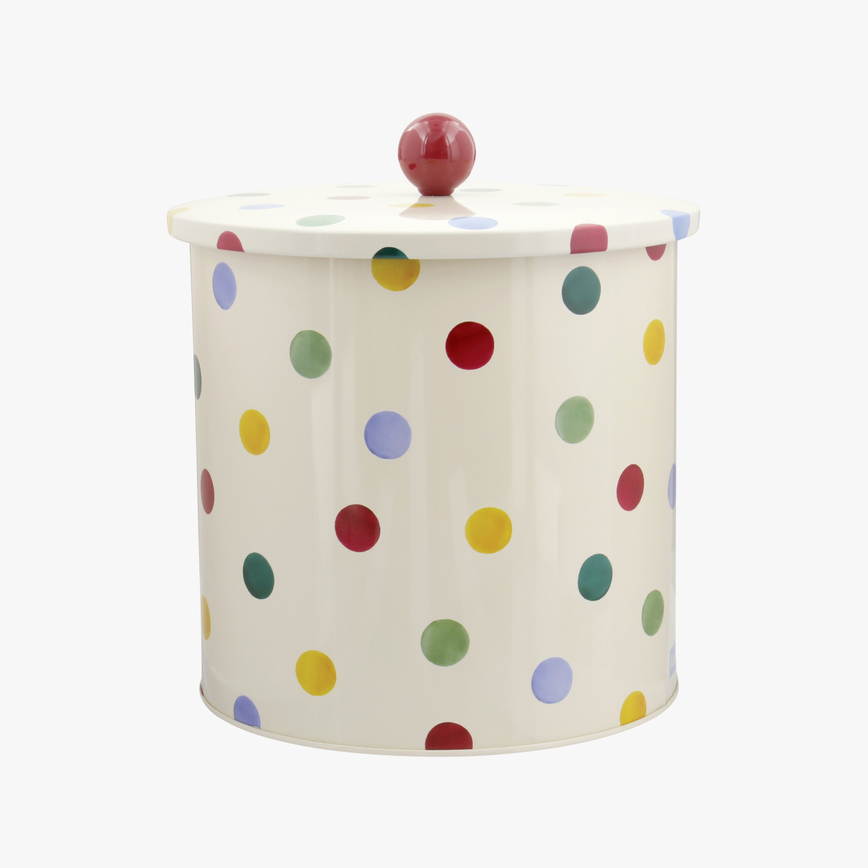 Emma Bridgewater Polka Dot Biscuit Barrel - Steel white airtight biscuit tin container designed with colourful polka dots for keeping cookies fresh.